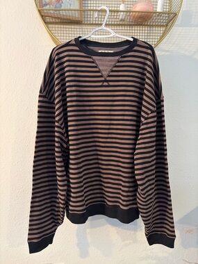 We The Free Camden- Black and Dusty Brown Striped Crewneck Sweatshirt